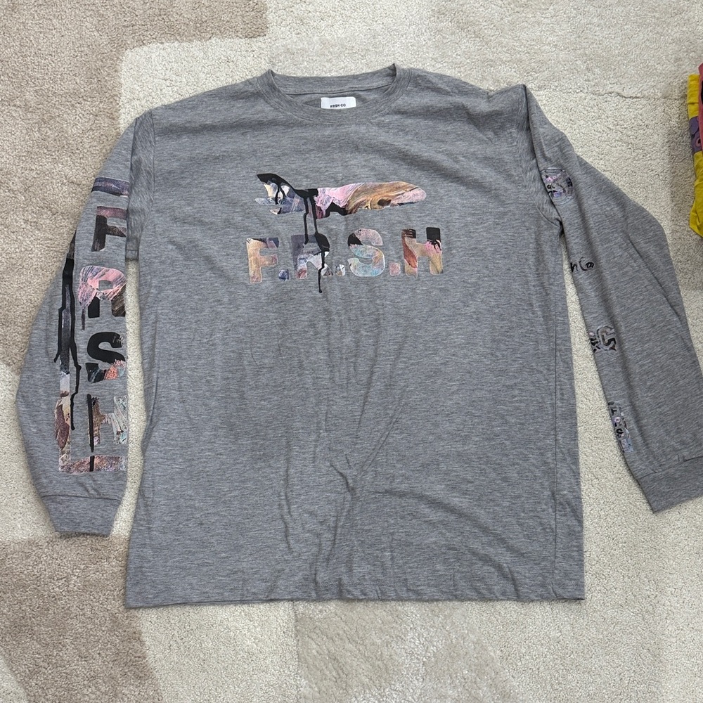 FRSH Grey Long Sleeve Graphic Tee with Floral Lettering - fresh
